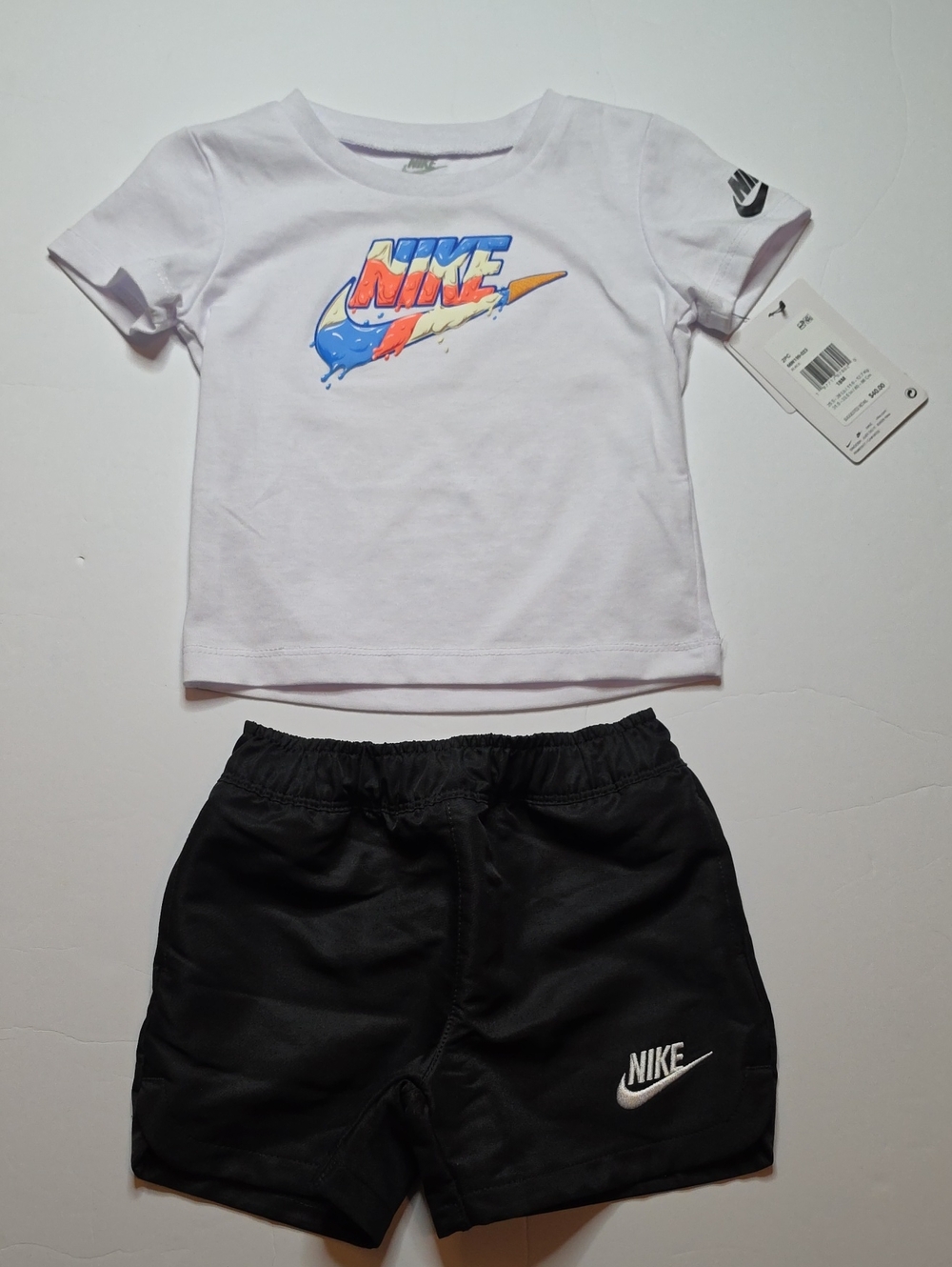 Nike White Tee with Multicolor Logo & Black Shorts Set